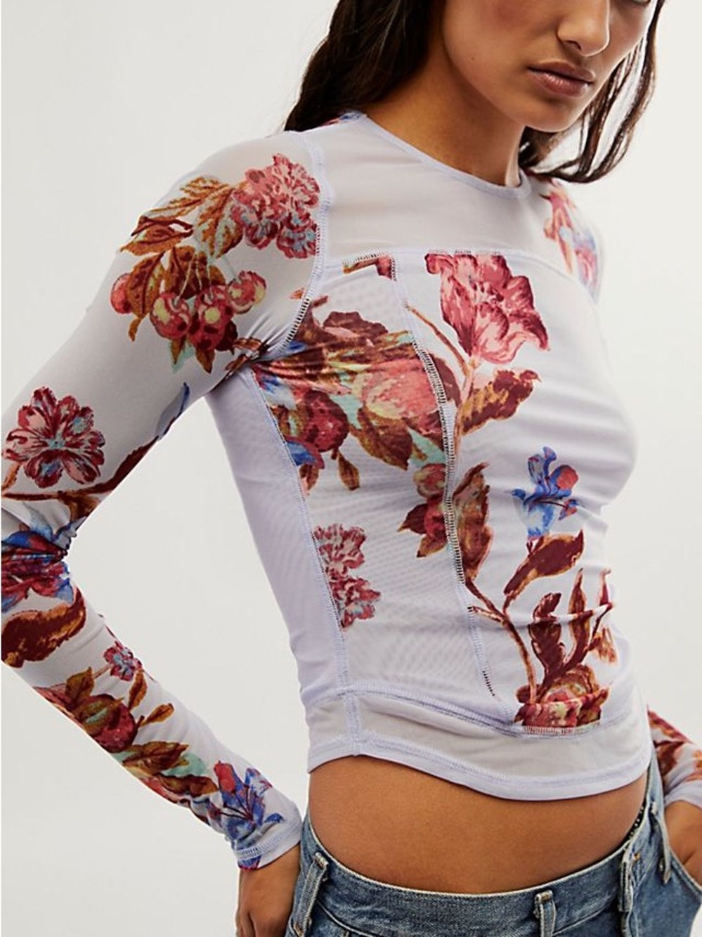 Free People Betty Garden’s Top-Lavender Floral Mesh Long Sleeve Top